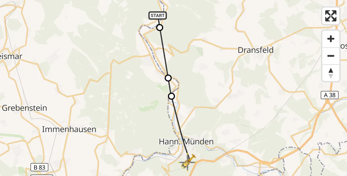 Flugroute Rettungshubschrauber Reinhardshagen - Hann.Münden, 21 August 2026, 10:35