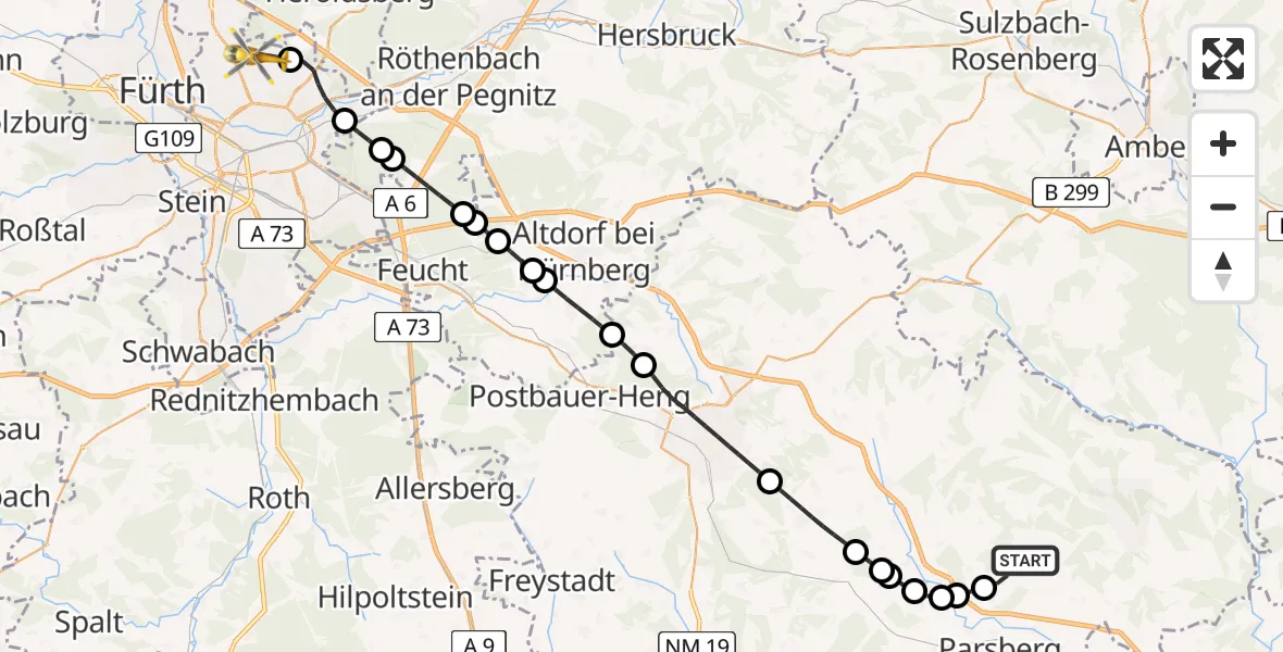 Flugroute Ambulanzhubschrauber Parsberg - Flughafen Nuremberg, 21 August 2026, 10:36