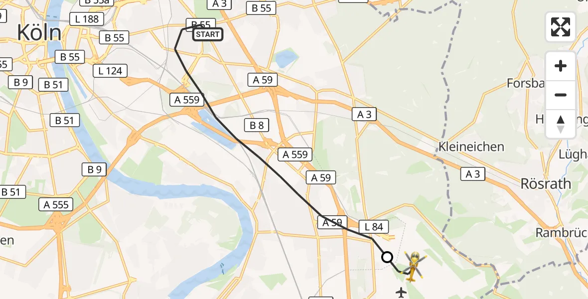 Flugroute Rettungshubschrauber Köln - Köln Bonn Flughafen, 21 August 2026, 10:47