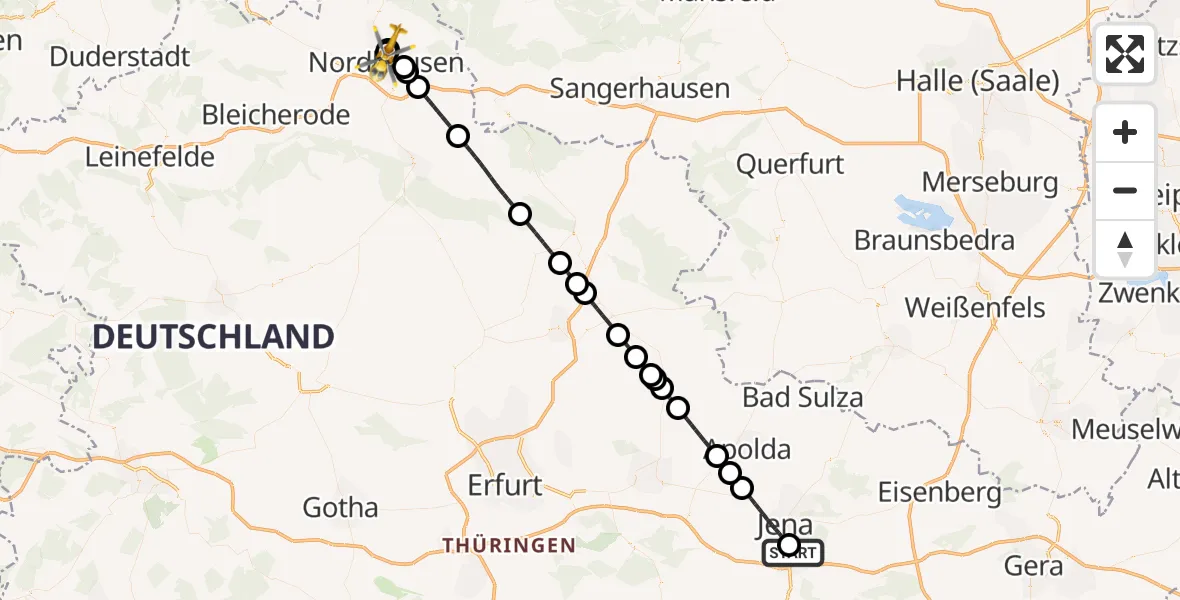 Flugroute Rettungshubschrauber Lobeda Hubschrauberlandeplatz - Südharz Hospital Nordhausen, 21 August 2026, 10:47