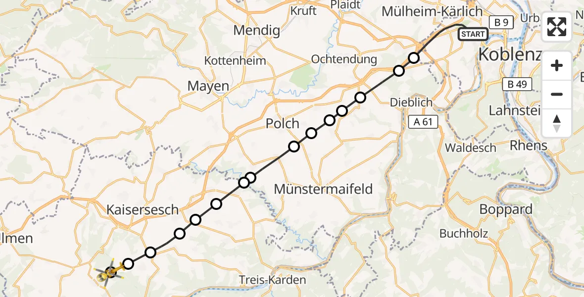 Flugroute Rettungshubschrauber Koblenz - Büchel, 21 August 2026, 10:50