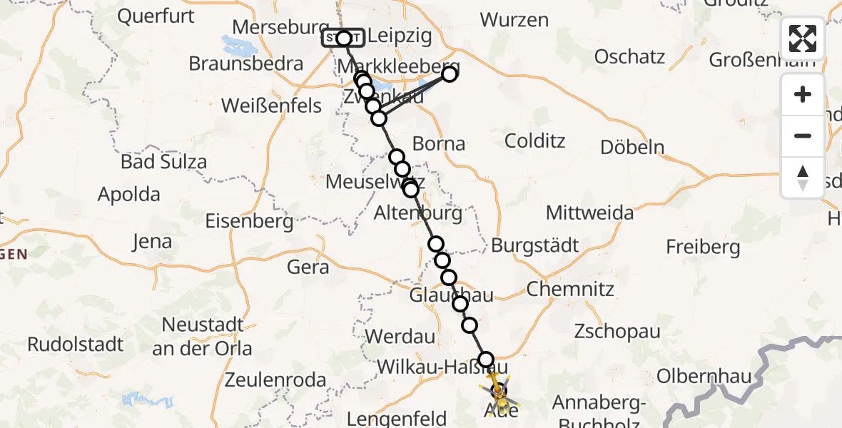 Flugroute Rettungshubschrauber Schkeuditz - Aue-Bad Schlema, 21 August 2026, 10:57