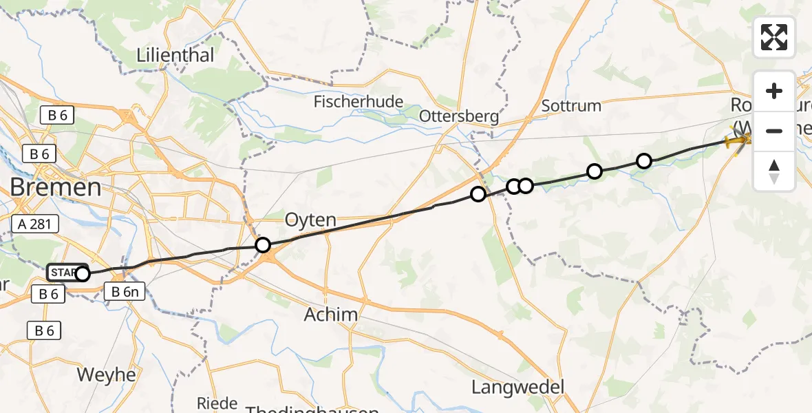 Flugroute Rettungshubschrauber ADAC Air Rescue Station Bremen Hubschrauberlandeplatz (Christoph 6) - Rotenburg (Wümme), 21 August 2026, 10:57