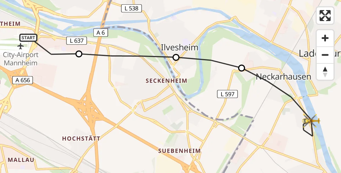 Flugroute Rettungshubschrauber Mannheim-City Flughafen - Edingen-Neckarhausen, 21 August 2026, 10:58