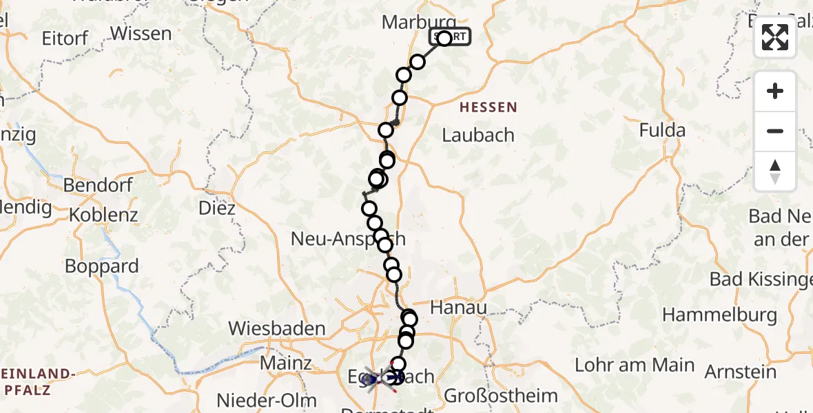 Flugroute Polizeihubschrauber Amöneburg - Flughafen Frankfurt-Egelsbach, 21 August 2026, 10:59