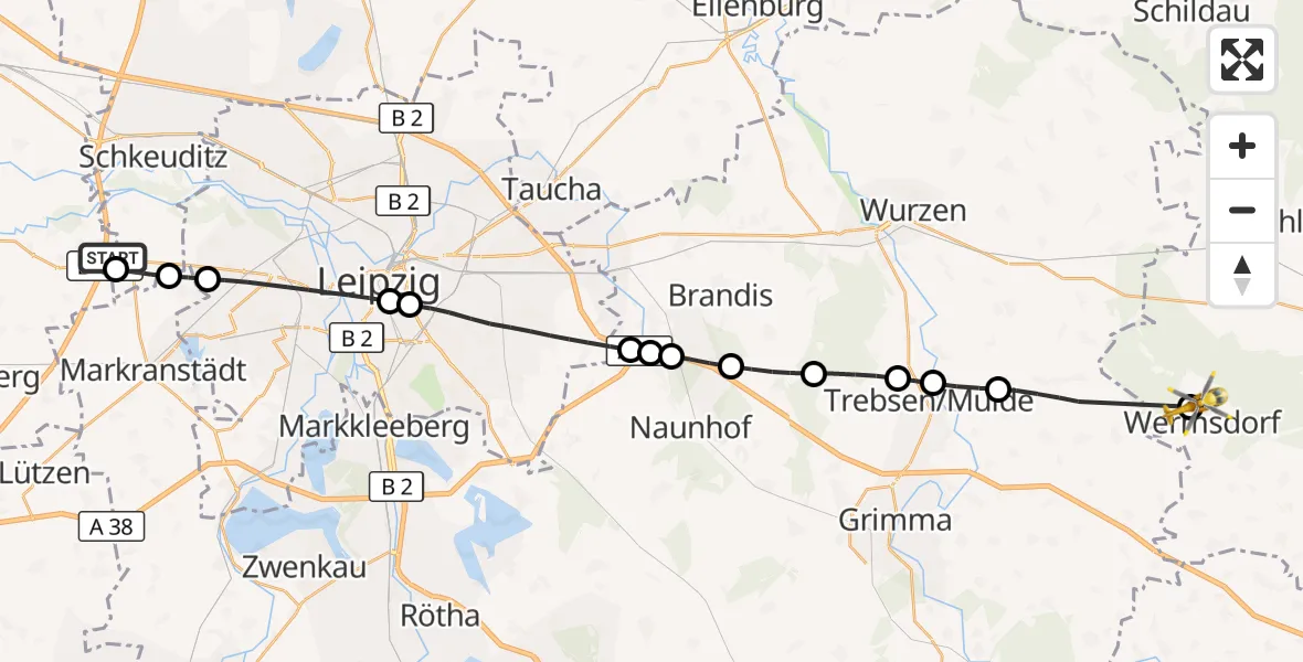 Flugroute Rettungshubschrauber ADAC Air Rescue Station Leipzig/Schkeuditz-Dölzig Hubschrauberlandeplatz (Christoph 61) - Wermsdorf, 21 August 2026, 10:59