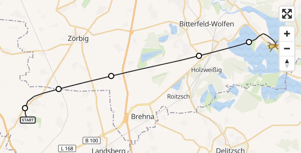 Flugroute Rettungshubschrauber Landsberg - Muldestausee, 21 August 2026, 11:02