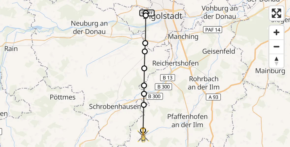 Flugroute Rettungshubschrauber Ingolstadt Hospital - Gerolsbach, 21 August 2026, 11:06