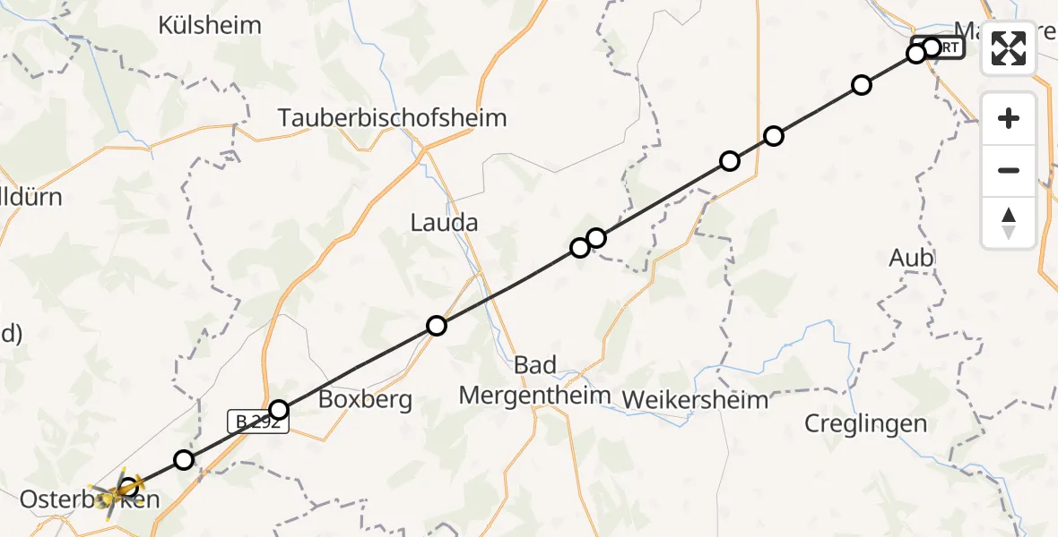 Flugroute Rettungshubschrauber Ochsenfurt Hospital - Osterburken, 21 August 2026, 11:07