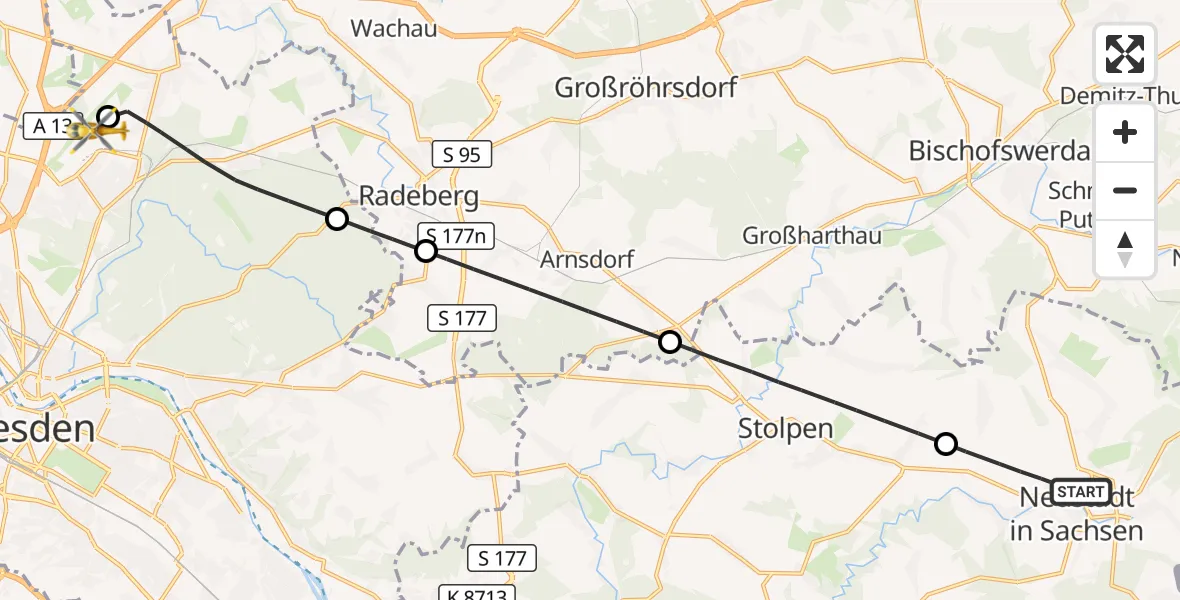 Flugroute Rettungshubschrauber Neustadt in Sachsen - Dresden Bundespolizei Hubschrauberlandeplatz, 21 August 2026, 11:14