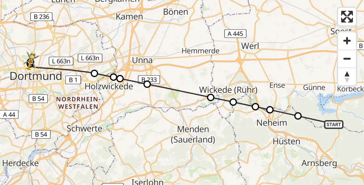 Flugroute Rettungshubschrauber Möhnesee - Dortmund Hospital North, 21 August 2026, 11:20