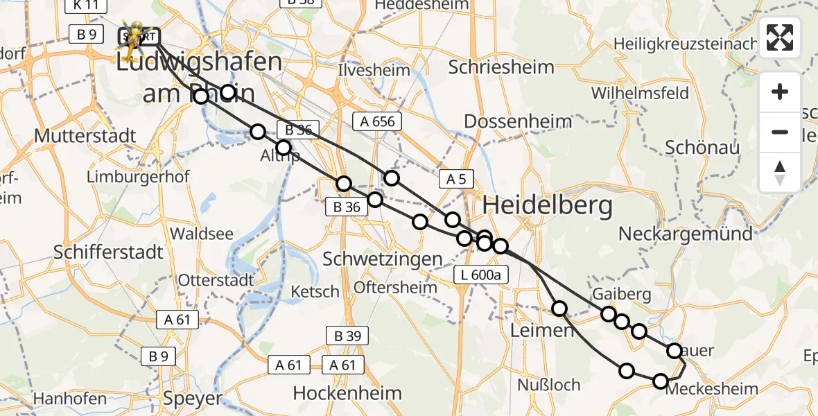 Flugroute Rettungshubschrauber Ludwigshafen am Rhein - Ludwigshafen Accident Hospital, 21 August 2026, 11:21