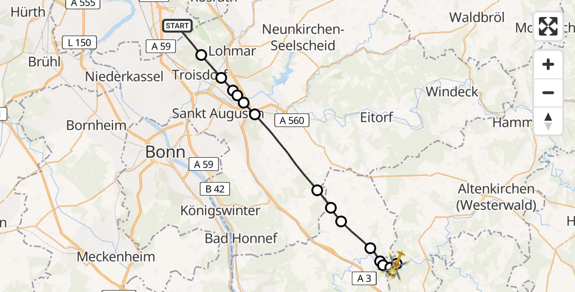 Flugroute Rettungshubschrauber Köln Bonn Flughafen - Peterslahr, 21 August 2026, 11:22
