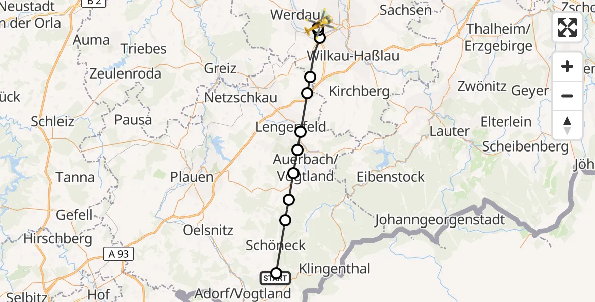 Flugroute Rettungshubschrauber Markneukirchen - ADAC Air Rescue Station Zwickau Hubschrauberlandeplatz, 21 August 2026, 11:23