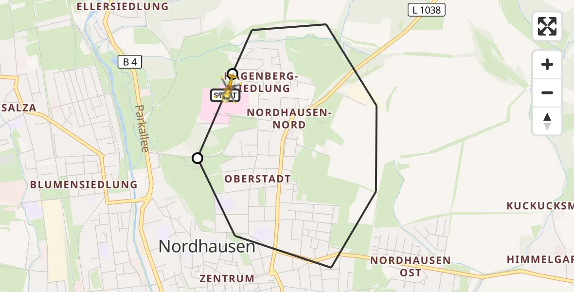 Flugroute Rettungshubschrauber Südharz Hospital Nordhausen - Südharz Hospital Nordhausen, 21 August 2026, 11:31