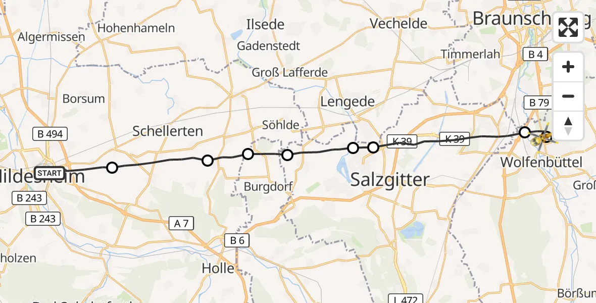 Flugroute Rettungshubschrauber Hildesheim - Wolfenbüttel Municipal Hospital Hubschrauberlandeplatz (Christoph 30), 21 August 2026, 11:34