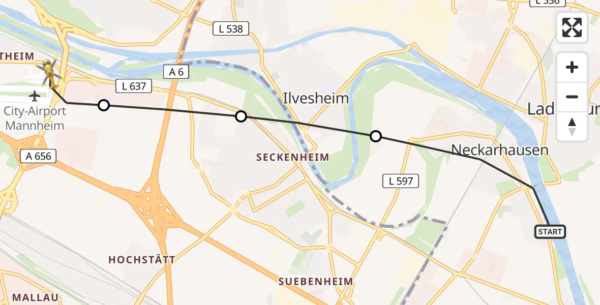Flugroute Rettungshubschrauber Edingen-Neckarhausen - Mannheim-City Flughafen, 21 August 2026, 11:34