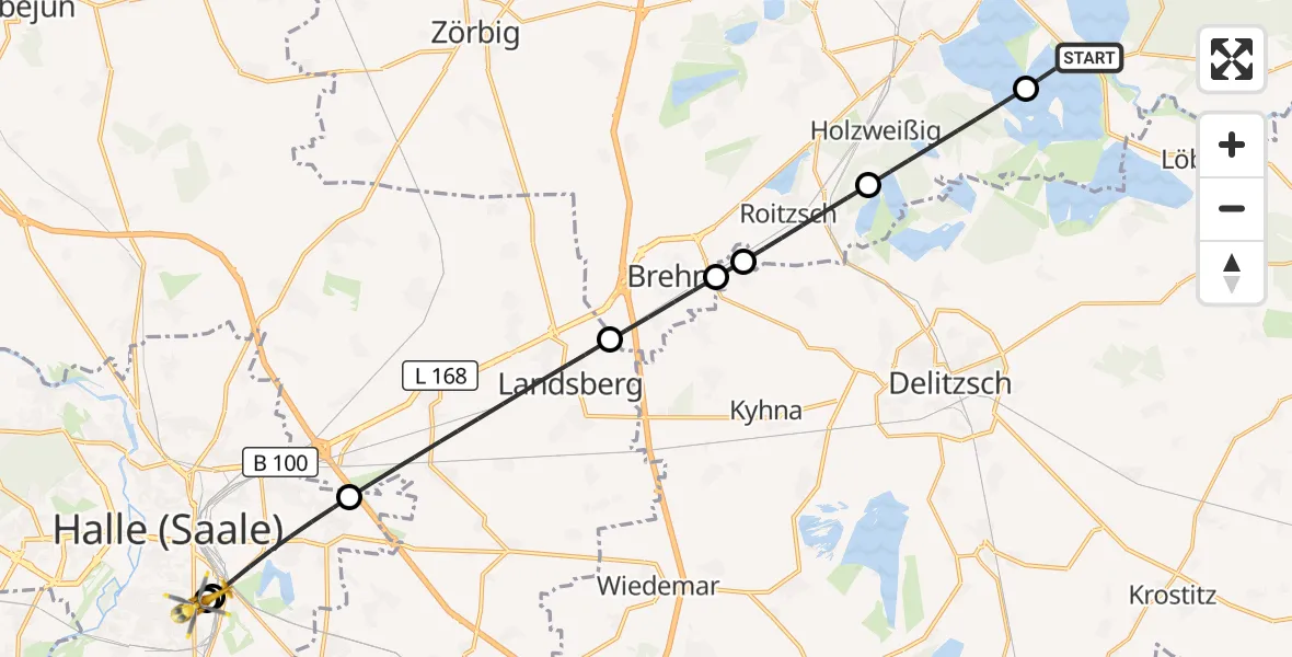 Flugroute Rettungshubschrauber Muldestausee - BG Hospital Bergmannstrost Halle, 21 August 2026, 11:35