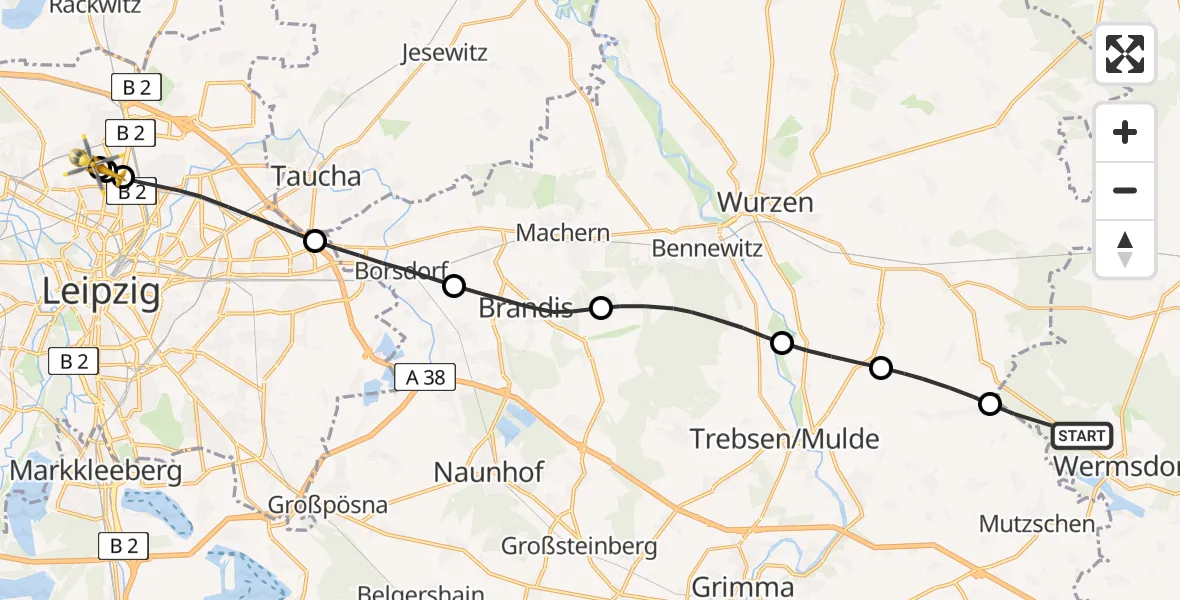Flugroute Rettungshubschrauber Wermsdorf - Sankt Georg Hospital Leipzig Reserve, 21 August 2026, 11:36