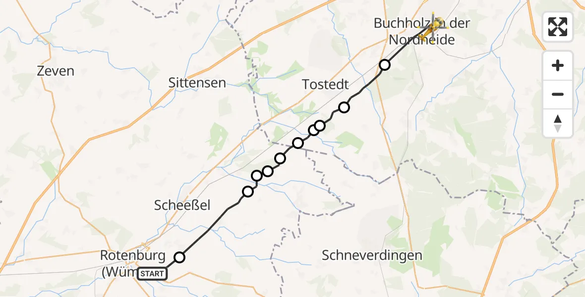 Flugroute Rettungshubschrauber Rotenburg (Wümme) - Buchholz in der Nordheide, 21 August 2026, 11:41