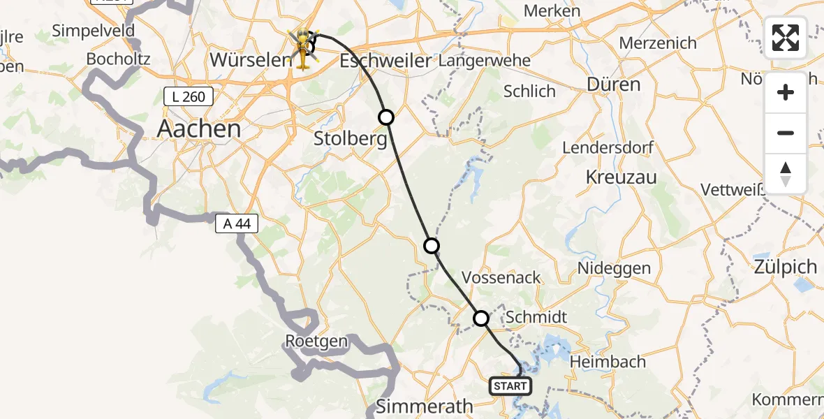 Flugroute Rettungshubschrauber Simmerath - Aachen-Merzbrück Flughafen, 21 August 2026, 11:46