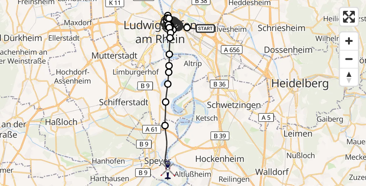 Flugroute Polizeihubschrauber Mannheim-City Flughafen - Speyer Flugplatz, 21 August 2026, 11:48