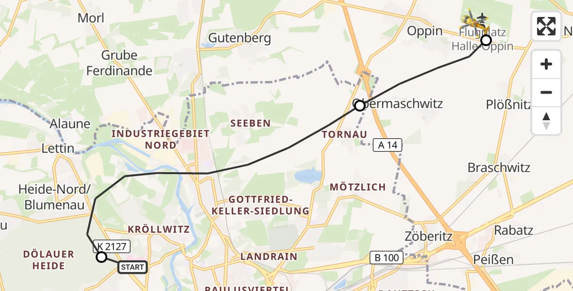 Flugroute Rettungshubschrauber Halle (Saale) University Hospital - Halle-Oppin Flugplatz, 21 August 2026, 11:51
