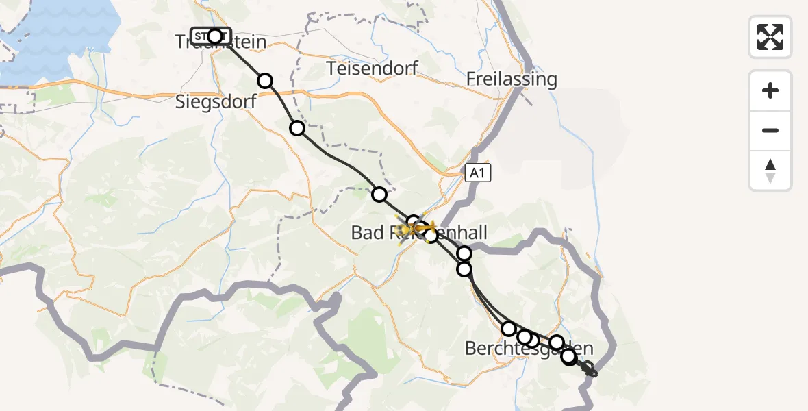 Flugroute Rettungshubschrauber Traunstein Hospital - Bad Reichenhall Krankenhaus Hubschrauberlandeplatz, 21 August 2026, 11:53