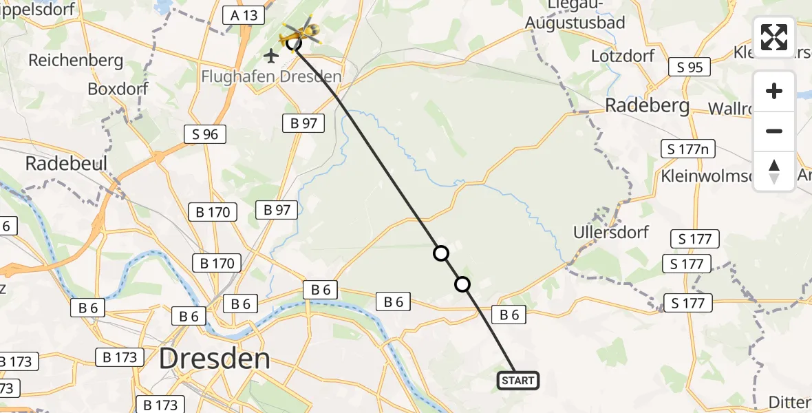Flugroute Rettungshubschrauber Dresden - Dresden Bundespolizei Hubschrauberlandeplatz, 21 August 2026, 12:00