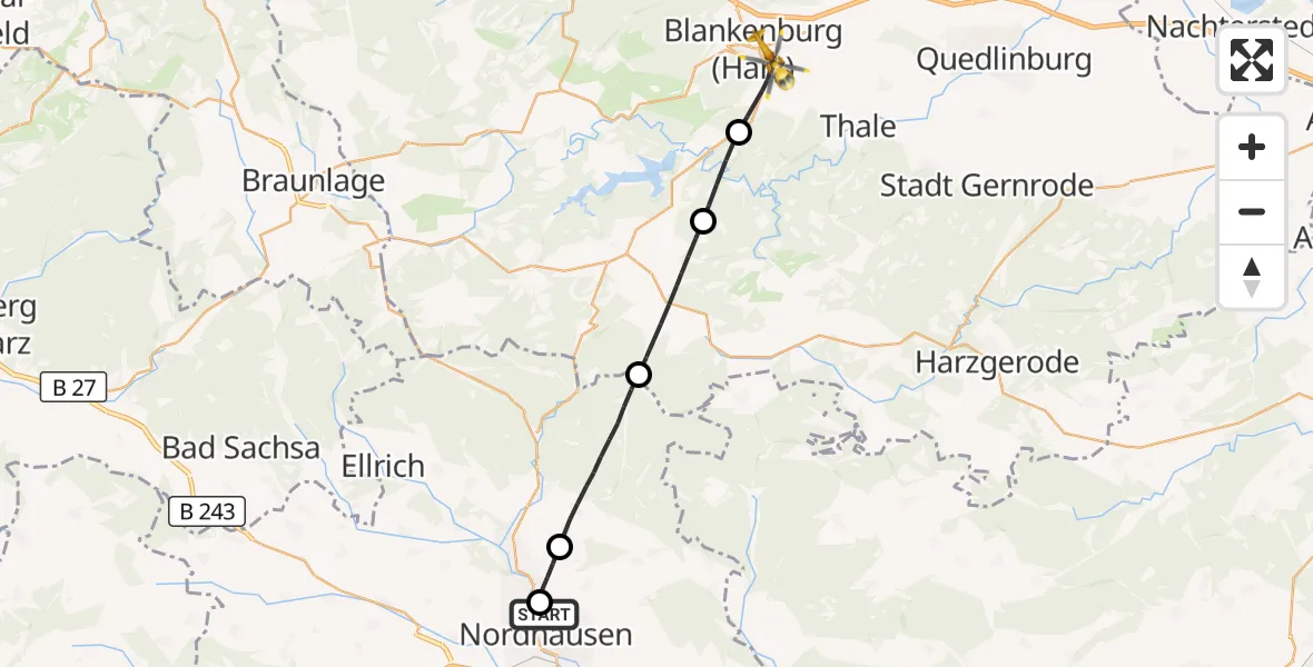 Flugroute Rettungshubschrauber Südharz Hospital Nordhausen - Blankenburg (Harz), 21 August 2026, 12:01