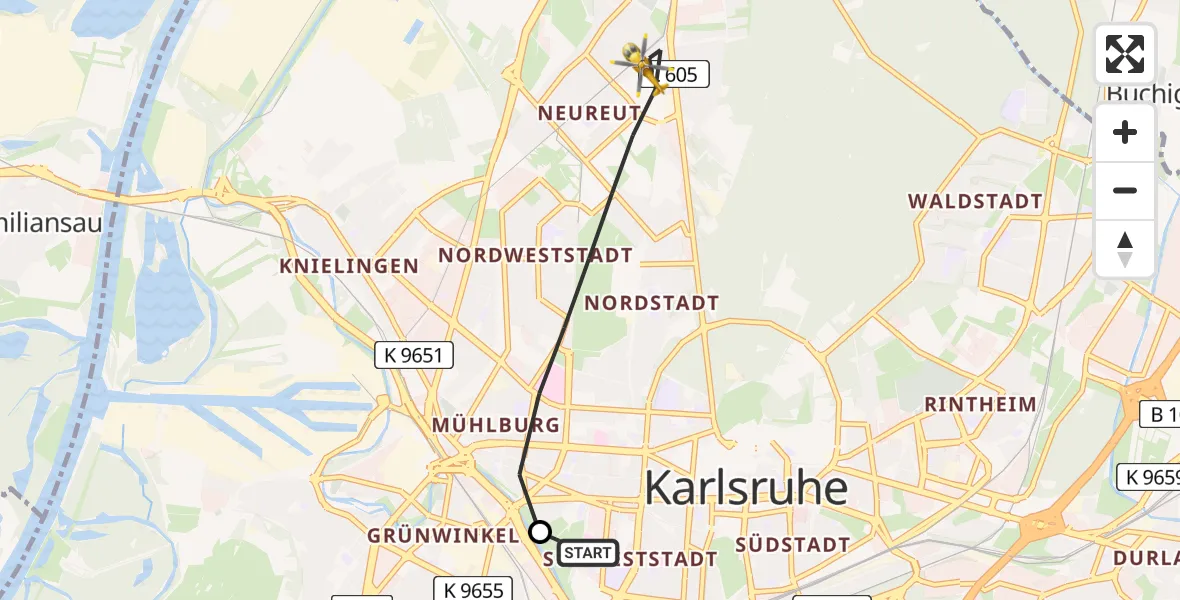 Flugroute Ambulanzhubschrauber Sankt Vincentius Hospital - Karlsruhe, 21 August 2026, 12:01