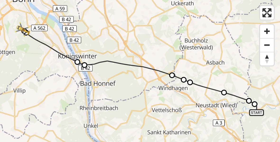 Flugroute Rettungshubschrauber Burglahr - Bonn University Hospital, 21 August 2026, 12:02