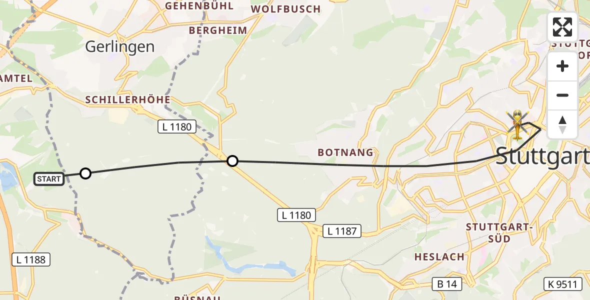 Flugroute Rettungshubschrauber Leonberg - Stuttgart, 21 August 2026, 12:03