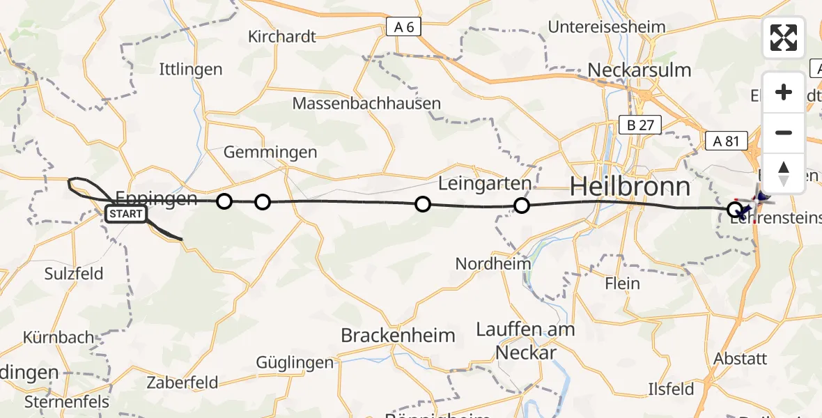 Flugroute Polizeihubschrauber Eppingen - Weinsberg, 21 August 2026, 12:07