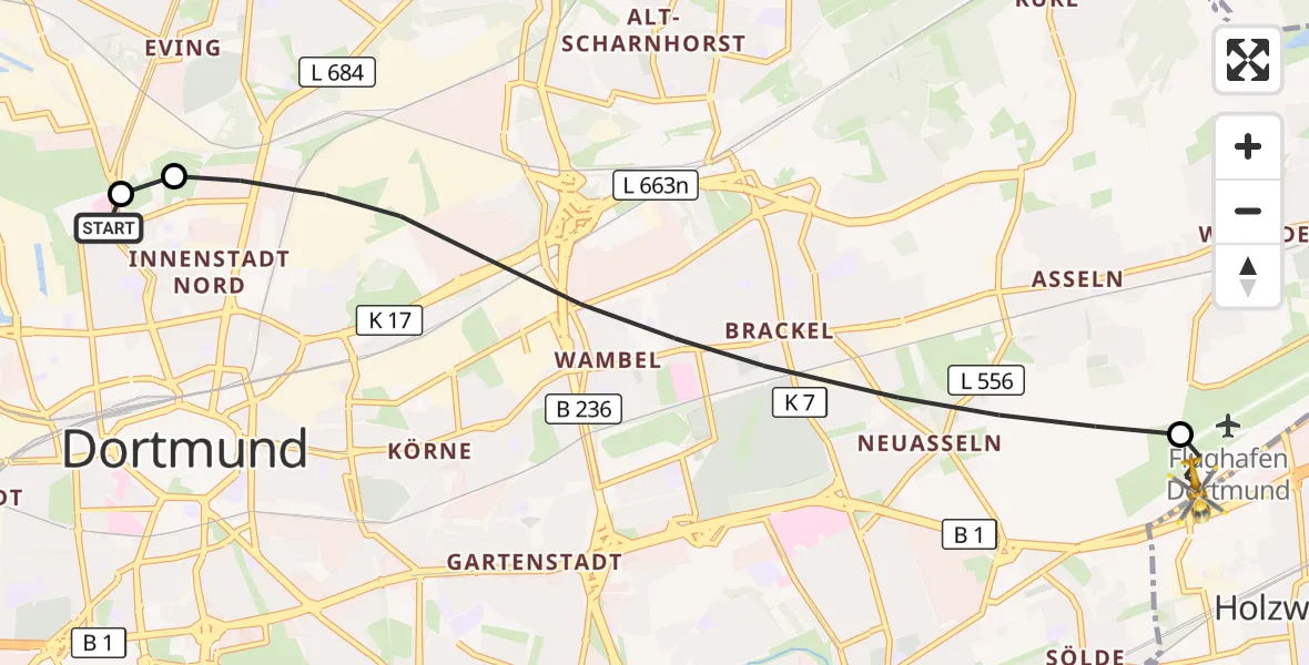 Flugroute Rettungshubschrauber Dortmund Hospital North - Dortmund Flughafen, 21 August 2026, 12:10