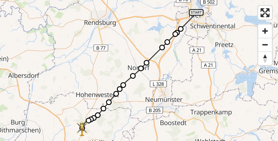 Flugroute Rettungshubschrauber Kiel - Itzehoe Hungriger Wolf Flugplatz, 21 August 2026, 12:13