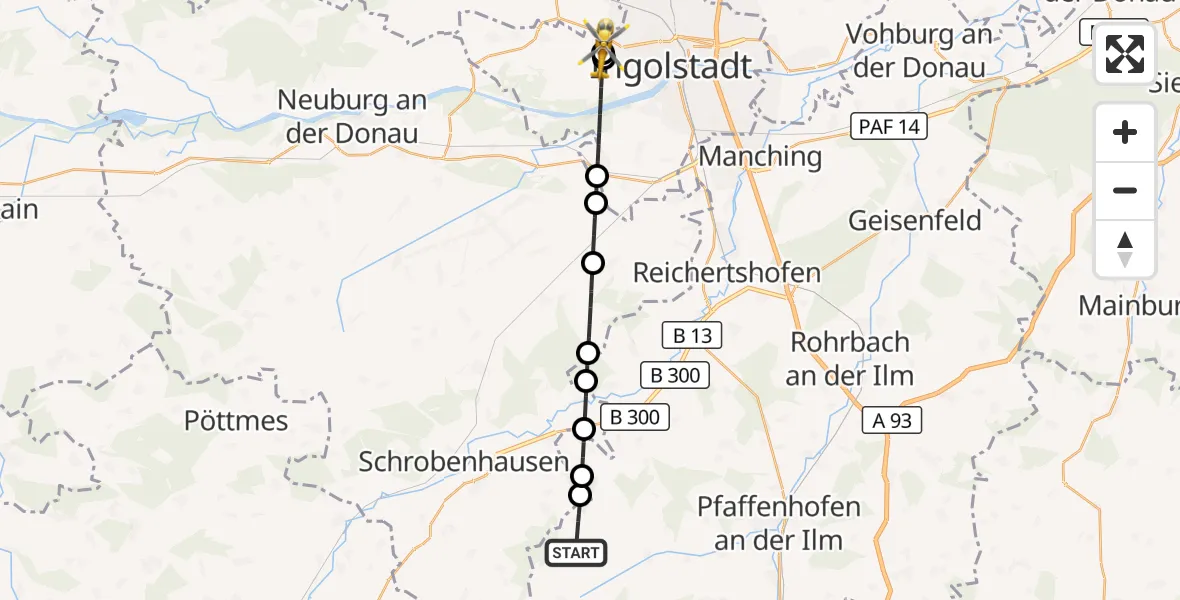 Flugroute Rettungshubschrauber Gerolsbach - Ingolstadt Hospital, 21 August 2026, 12:15