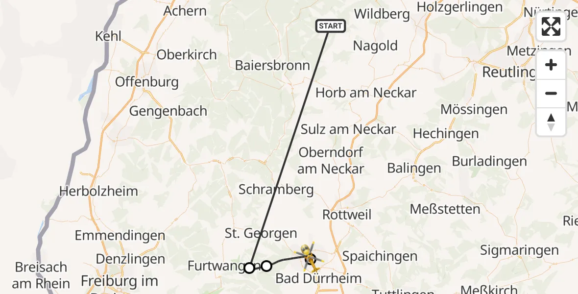 Flugroute Ambulanzhubschrauber Altensteig - DRF Air Rescue Station Villingen-Schwenningen Hubschrauberlandeplatz (Christoph 11), 21 August 2026, 12:15