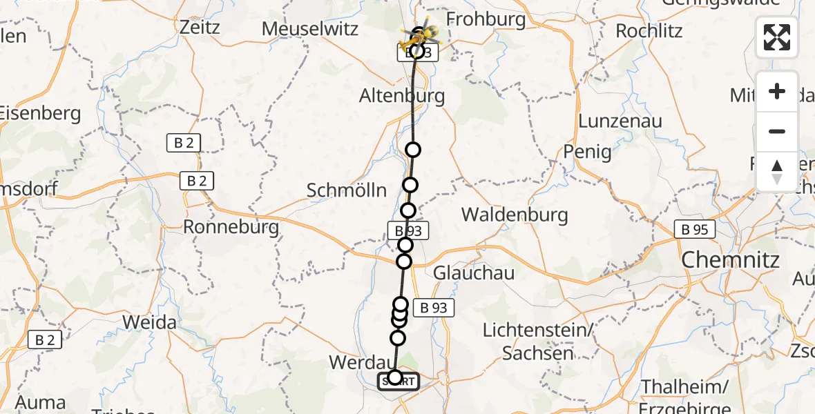Flugroute Rettungshubschrauber ADAC Air Rescue Station Zwickau Hubschrauberlandeplatz - Windischleuba, 21 August 2026, 12:17