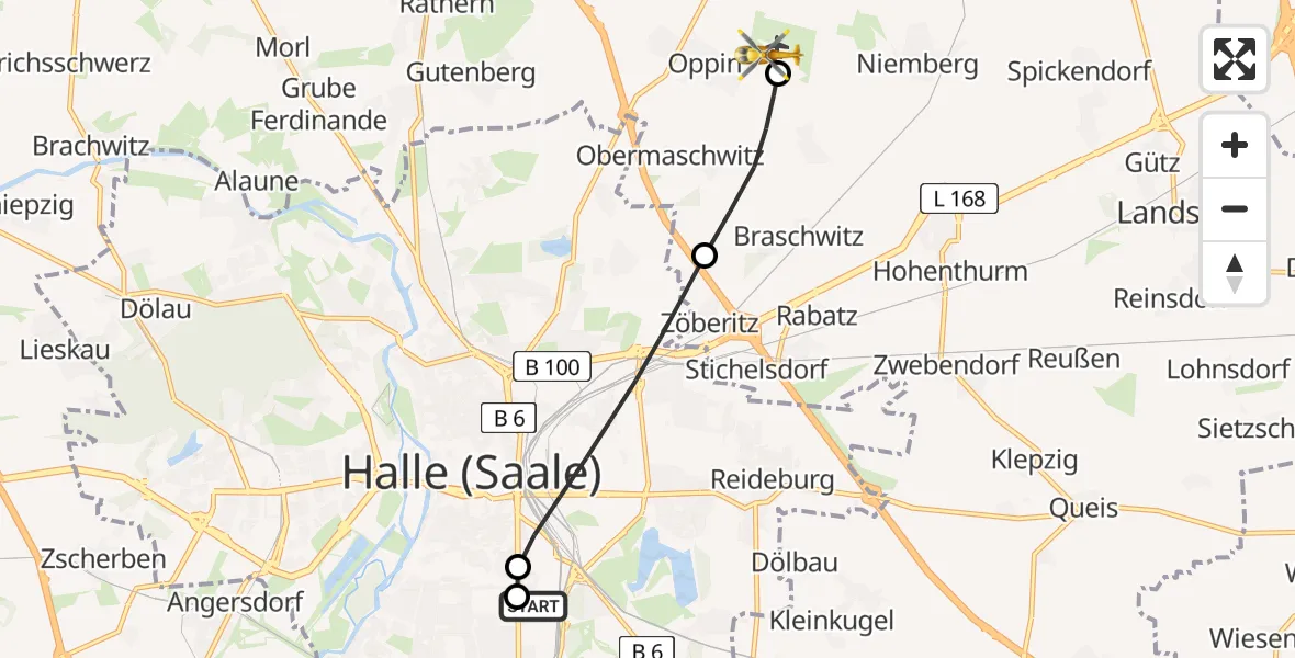Flugroute Rettungshubschrauber BG Hospital Bergmannstrost Halle - Halle-Oppin Flugplatz, 21 August 2026, 12:22