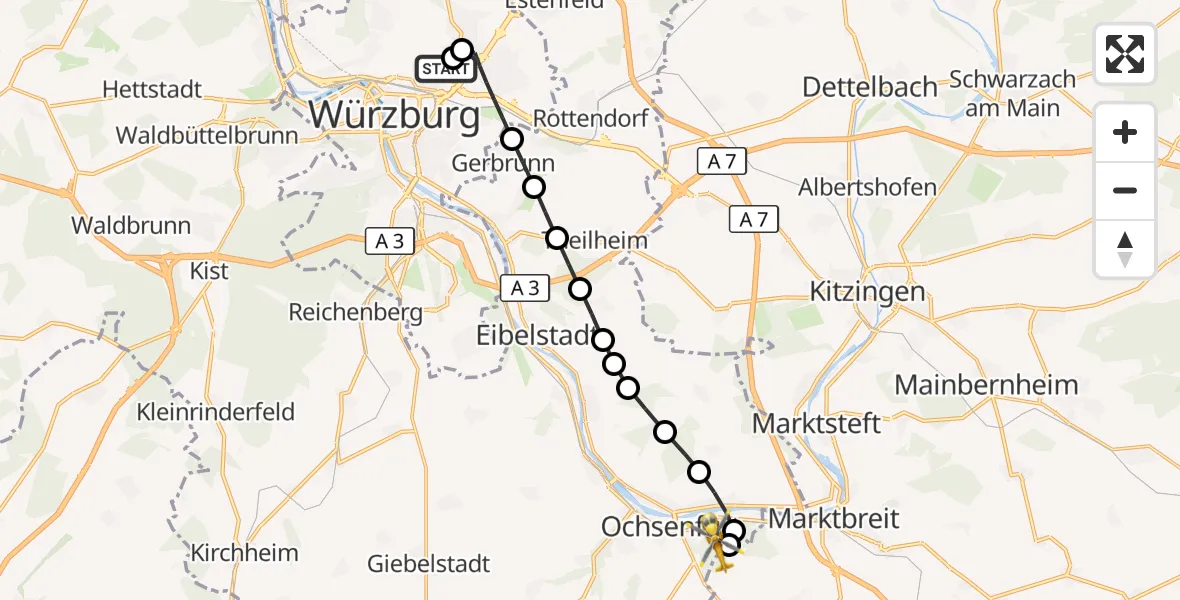 Flugroute Rettungshubschrauber Würzburg University Hospital Straubmühlweg - Ochsenfurt Hospital, 21 August 2026, 12:23