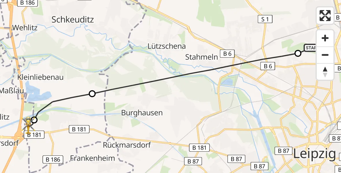 Flugroute Rettungshubschrauber Sankt Georg Hospital Leipzig Reserve - ADAC Air Rescue Station Leipzig/Schkeuditz-Dölzig Hubschrauberlandeplatz (Christoph 61), 21 August 2026, 12:35