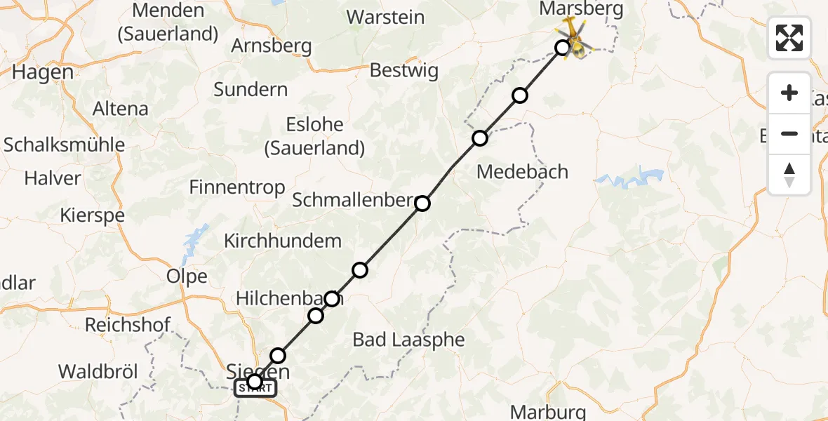 Flugroute Rettungshubschrauber Evangelisches Jung-Stilling Hospital - Marsberg, 21 August 2026, 12:41