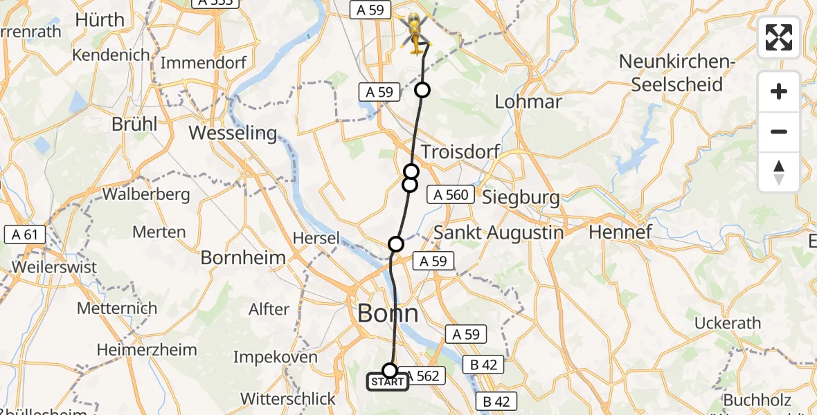 Flugroute Rettungshubschrauber Bonn University Hospital - Köln Bonn Flughafen, 21 August 2026, 12:50