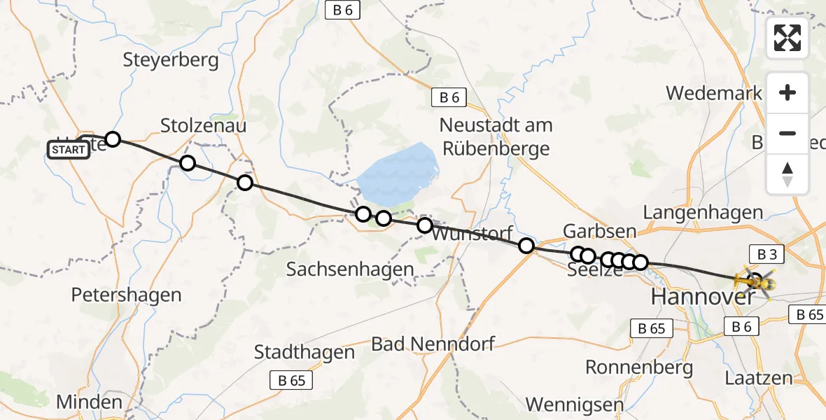 Flugroute Rettungshubschrauber Uchte - Hannover Luftrettung Hubschrauberlandeplatz (Christoph 4), 21 August 2026, 12:53