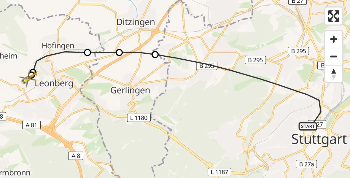 Flugroute Rettungshubschrauber Stuttgart - Leonberg Hospital, 21 August 2026, 12:56