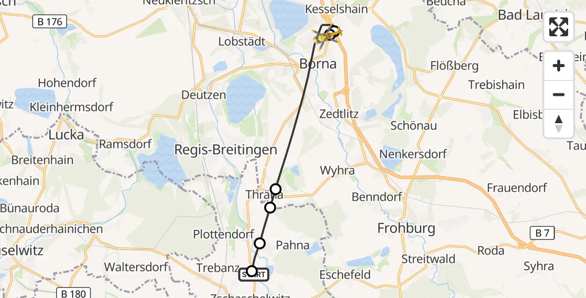Flugroute Rettungshubschrauber Windischleuba - Sana Hospital Borna, 21 August 2026, 13:03