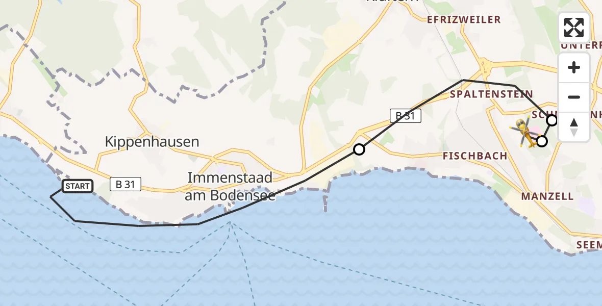 Flugroute Rettungshubschrauber Immenstaad am Bodensee - Friedrichshafen Hospital, 21 August 2026, 13:06