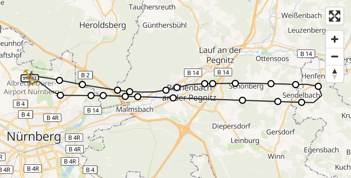 Flugroute Ambulanzhubschrauber Flughafen Nuremberg - Flughafen Nuremberg, 21 August 2026, 13:13