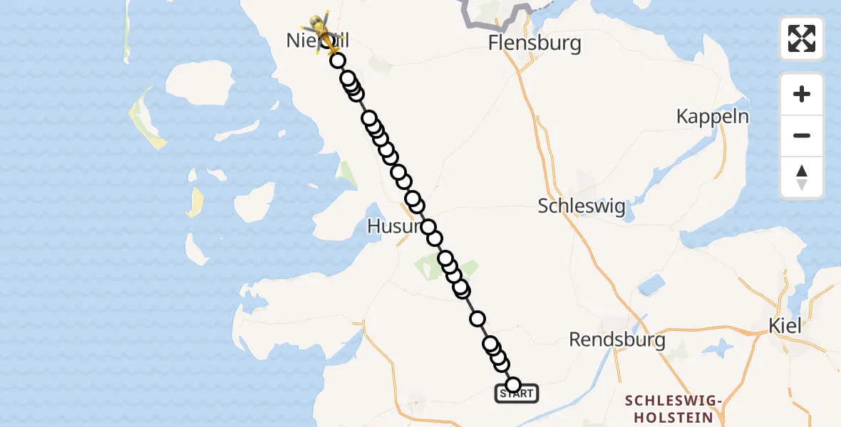 Flugroute Ambulanzhubschrauber Wrohm - Niebüll, 21 August 2026, 13:18
